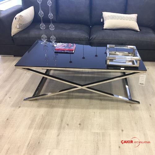 Nikel Ayaklı Siyah Cam Orta Sehpa