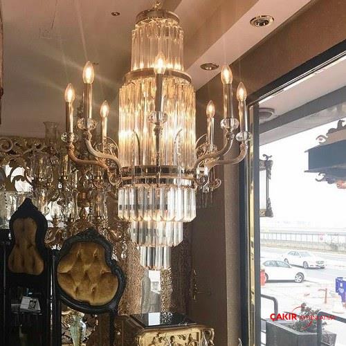 Kristal İşlemeli Eskitme Kollu Altın Avize