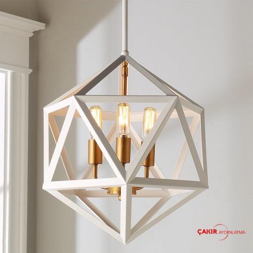 Современная белая профильная люстра в стиле призматической граненой с золотыми деталями